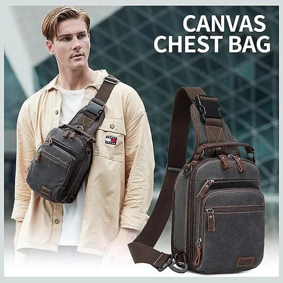 Sling Bag for Men Waxed Canvas Crossbody Bag Chest Bag Water Gray
